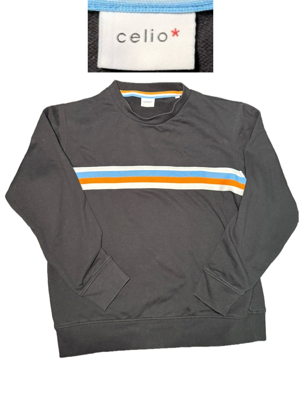 Celio* Black Crewneck Sweater with Blue, Orange and White Chest Stripes